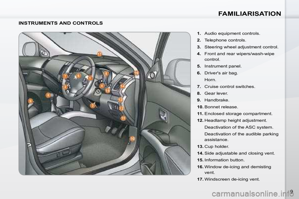 PEUGEOT 4007 2008  Owners Manual FAMILIARISATION
9
  INSTRUMENTS AND CONTROLS    
1.    Audio equipment controls. 
  
2.    Telephone controls. 
  
3.    Steering wheel adjustment control. 
  
4.    Front and rear wipers/wash-wipe 
c