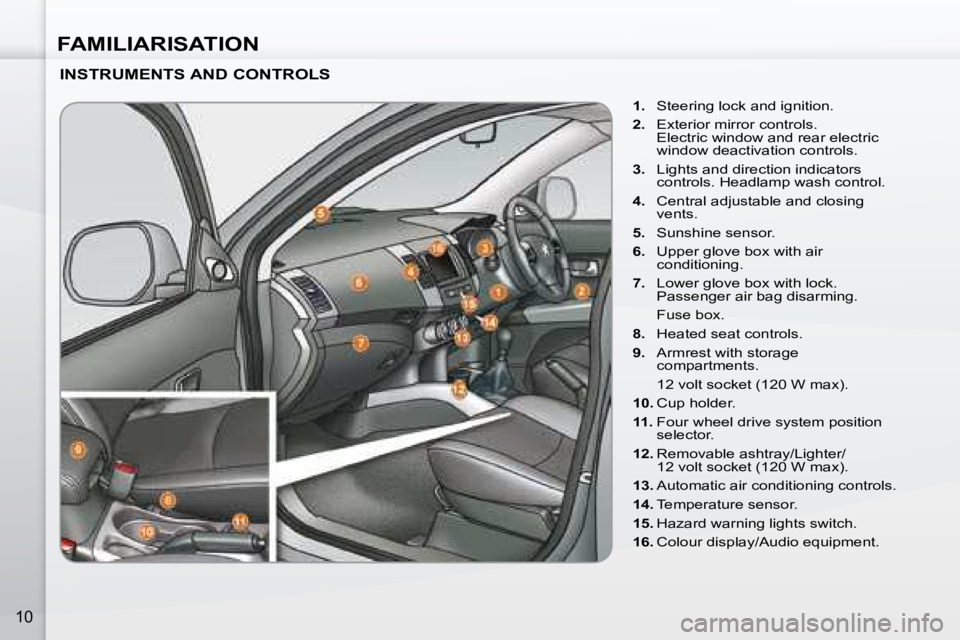 PEUGEOT 4007 2008  Owners Manual FAMILIARISATION
10
  INSTRUMENTS AND CONTROLS    
1.    Steering lock and ignition. 
  
2.    Exterior mirror controls.  
Electric window and rear electric  
window deactivation controls. 
  
3.    Li