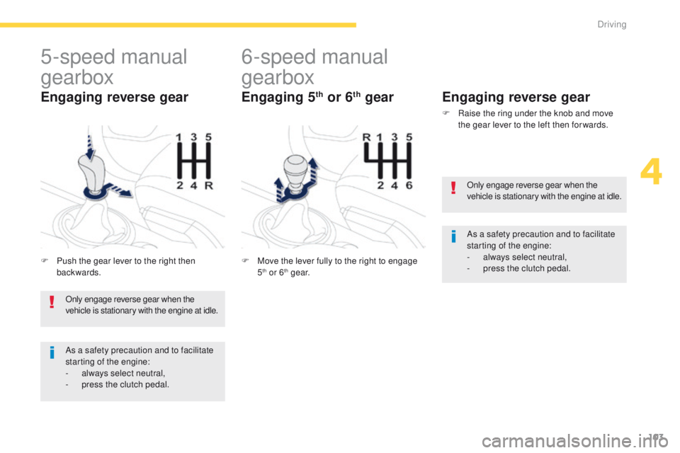 PEUGEOT 4008 2015 Owners Manual 103
4008_en_Chap04_conduite_ed01-2014
5-speed manual
gearbox
F Push the gear lever to the right then backwards.
Engaging reverse gear
6-speed manual
gearbox
F Move the lever fully to the right to en PEUGEOT 4008 2015 Owners Manual 103
4008_en_Chap04_conduite_ed01-2014
5-speed manual
gearbox
F Push the gear lever to the right then backwards.
Engaging reverse gear
6-speed manual
gearbox
F Move the lever fully to the right to en