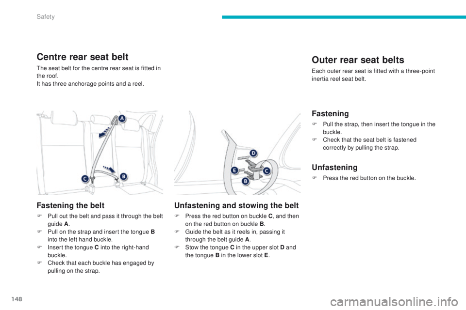PEUGEOT 4008 2015 Owners Manual 148
4008_en_Chap06_securite_ed01-2014
Centre rear seat belt
the seat belt for the centre rear seat is fitted in
the roof.
It has three anchorage points and a reel.
Fastening the belt
F Pull out the b PEUGEOT 4008 2015 Owners Manual 148
4008_en_Chap06_securite_ed01-2014
Centre rear seat belt
the seat belt for the centre rear seat is fitted in
the roof.
It has three anchorage points and a reel.
Fastening the belt
F Pull out the b