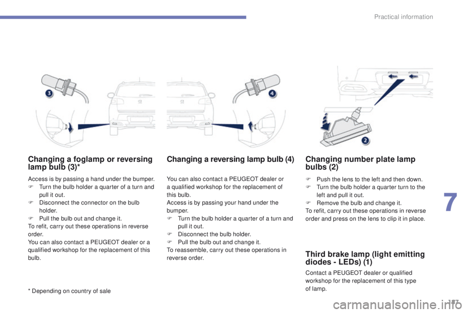PEUGEOT 4008 2015 Owners Manual 187
4008_en_Chap07_info-pratiques_ed01-2014
Changing a foglamp or reversing
lamp bulb (3)*
Access is by passing a hand under the bumper.
F tu rn the bulb holder a quarter of a turn and
pull it out. PEUGEOT 4008 2015 Owners Manual 187
4008_en_Chap07_info-pratiques_ed01-2014
Changing a foglamp or reversing
lamp bulb (3)*
Access is by passing a hand under the bumper.
F tu rn the bulb holder a quarter of a turn and
pull it out.