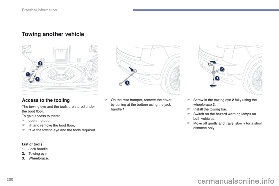 PEUGEOT 4008 2015 Owners Manual 200
4008_en_Chap07_info-pratiques_ed01-2014
Towing another vehicle
F On the rear bumper, remove the cover by pulling at the bottom using the jack
handle
1. F
S crew in the towing eye 2 fully usin PEUGEOT 4008 2015 Owners Manual 200
4008_en_Chap07_info-pratiques_ed01-2014
Towing another vehicle
F On the rear bumper, remove the cover by pulling at the bottom using the jack
handle
1. F
S crew in the towing eye 2 fully usin