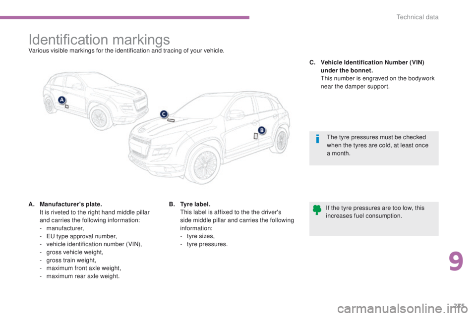 PEUGEOT 4008 2015  Owners Manual 235
4008_en_Chap09_caracteristiques-techniques_ed01-2014
Identification markingsVarious visible markings for the identification and tracing of your vehicle.
A.
 M
anufacturer's plate.  
 I

t is r