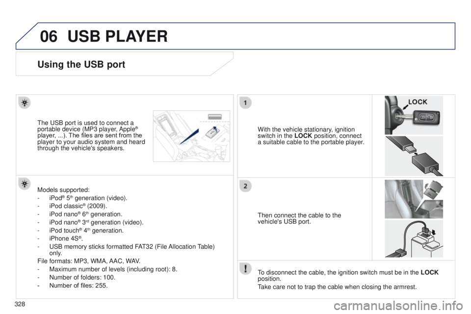 PEUGEOT 4008 2015 Owners Manual 06
328
4008_en_Chap10d_Mitsu4_ed01-2014
USB PLAYER
Using the USB port
With the vehicle stationary, ignition
switch in the LOCK position, connect
a suitable cable to the portable player.t
he
u
SB po PEUGEOT 4008 2015 Owners Manual 06
328
4008_en_Chap10d_Mitsu4_ed01-2014
USB PLAYER
Using the USB port
With the vehicle stationary, ignition
switch in the LOCK position, connect
a suitable cable to the portable player.t
he
u
SB po
