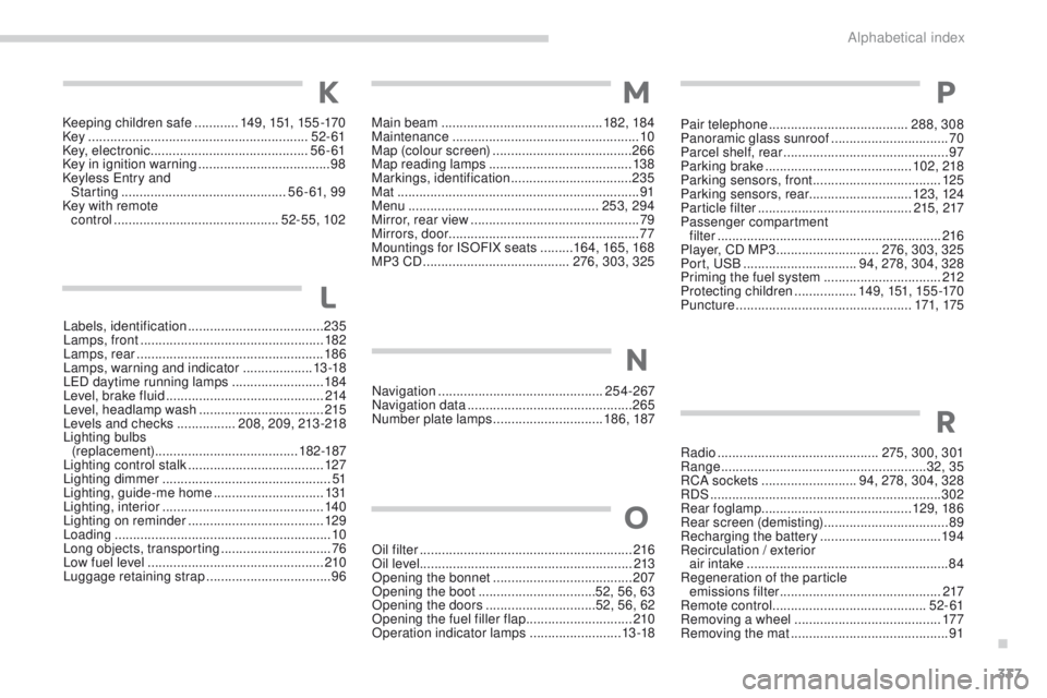 PEUGEOT 4008 2015  Owners Manual 337
4008_en_Chap11_index-alpha_ed01-2014
Keeping children safe ............1 49, 151, 155 -170
Key  ............................................................ 52- 61
Key, electronic
 

.............