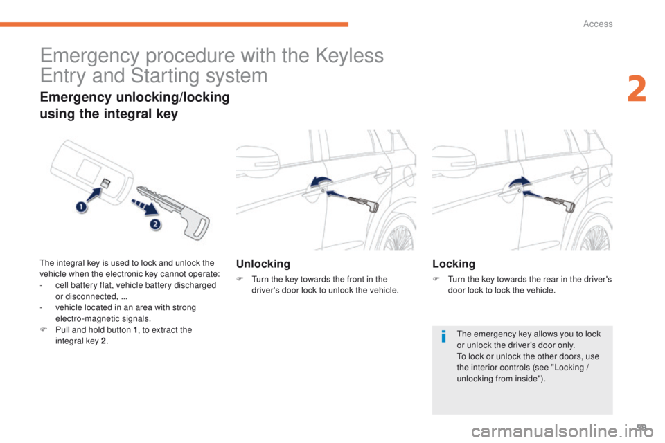 PEUGEOT 4008 2015 Repair Manual 59
4008_en_Chap02_ouvertures_ed01-2014
emergency procedure with the Keyless  
en
try and Starting system
Unlocking
F  turn the key towards the front in the 
driver's door lock to unlock the vehicl