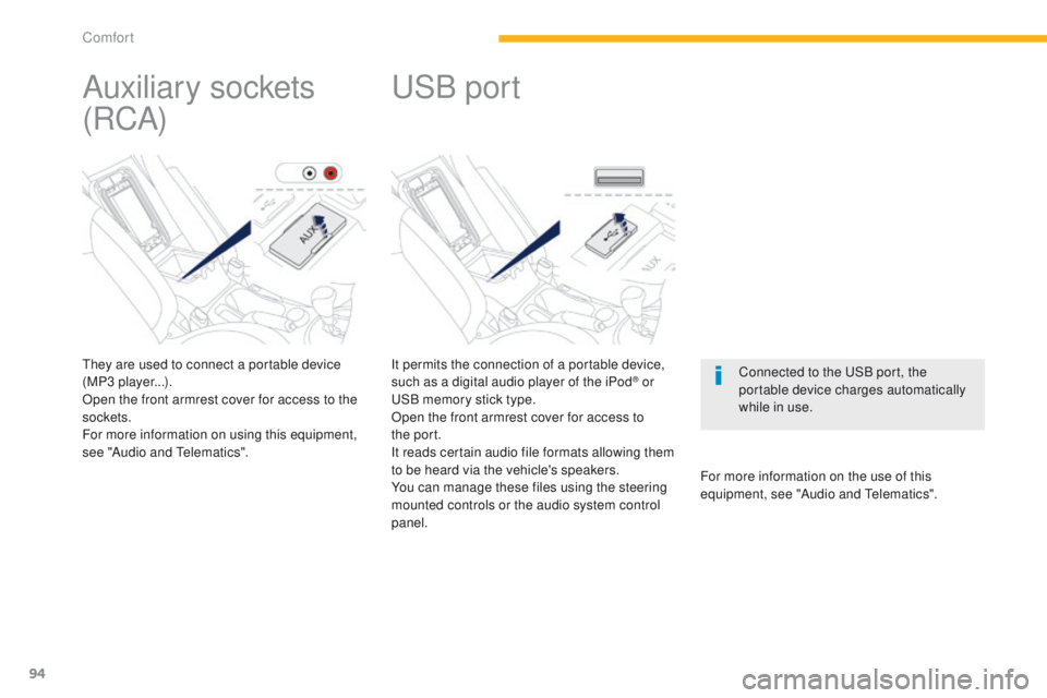 PEUGEOT 4008 2015 Owners Manual 94
4008_en_Chap03_confort_ed01-2014
It permits the connection of a portable device,
such as a digital audio player of the iPod® or uS
B memory stick type.
Open the front armrest cover for access to PEUGEOT 4008 2015 Owners Manual 94
4008_en_Chap03_confort_ed01-2014
It permits the connection of a portable device,
such as a digital audio player of the iPod® or uS
B memory stick type.
Open the front armrest cover for access to