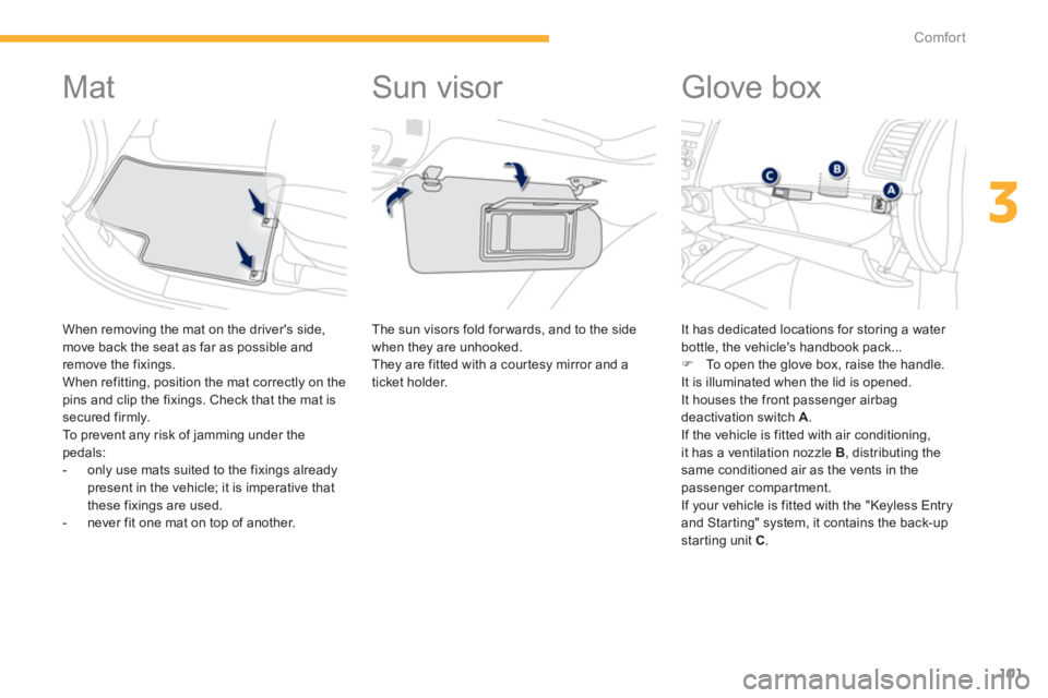 PEUGEOT 4008 2014  Owners Manual 101
3
Comfort
   
 
 
 
 
 
 
 
 
 
 
Mat 
 
 
When removing the mat on the drivers side, 
move back the seat as far as possible and 
remove the fixings. 
  When refitting, position the mat correctly