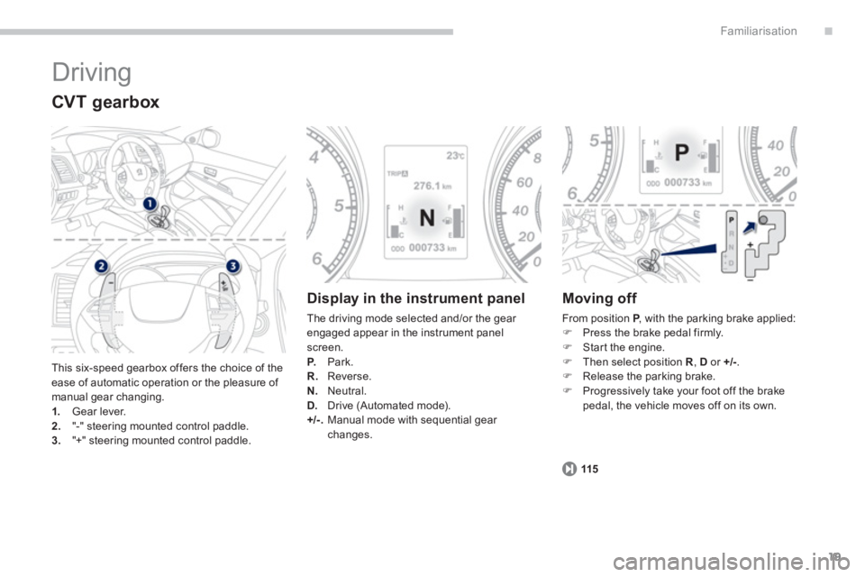 PEUGEOT 4008 2014  Owners Manual .
19
Familiarisation
  Driving 
 
This six-speed gearbox offers the choice of the 
ease of automatic operation or the pleasure of 
manual gear changing. 
   
 
1. 
 Gear lever. 
   
2. 
  "-" steering