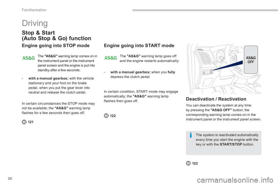 PEUGEOT 4008 2014 Owners Manual 20
Familiarisation
  Driving 
 
 
Stop & Start 
(Auto Stop & Go) function 
   
Engine going into STOP mode 
 
The  "AS &G" 
 warning lamp comes on in 
the instrument panel or the instrument 
panel scr