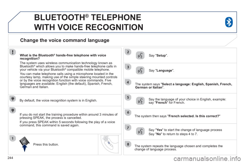 PEUGEOT 4008 2014  Owners Manual 244
   
 
 
 
BLUETOOTH ® 
 TELEPHONE 
WITH VOICE RECOGNITION 
   
By default, the voice recognition system is in English.  
   
Press this button.     
Say " Setup 
".  
   
Say " Language 
".  
   