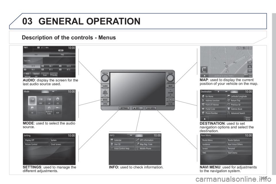 PEUGEOT 4008 2014  Owners Manual 259
03
   
 
 
 
 
 
 
 
 
 
 
 
 
 
 
 
 
 
Description of the controls - Menus 
 
 
 
SETTINGS 
: used to manage the 
different adjustments.     
 
DESTINATION 
: used to set 
navigation options and