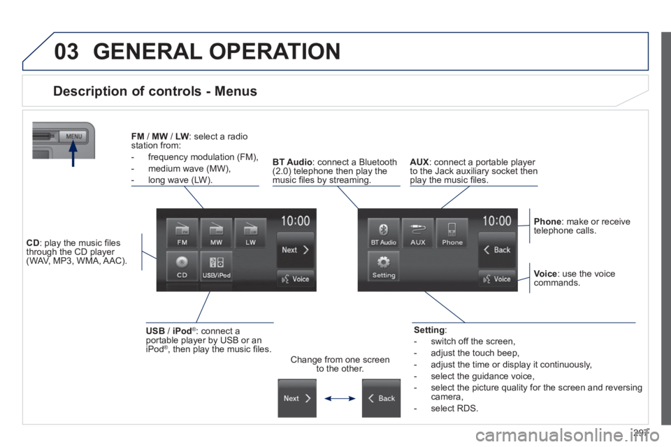 PEUGEOT 4008 2014  Owners Manual 297
03  GENERAL OPERATION 
 
 
 
 
 
 
 
 
 
 
 
 
 
Description of controls - Menus 
 
 
 
Setting 
: 
   
 
-   switch off the screen, 
   
-   adjust the touch beep, 
   
-   adjust the time or dis
