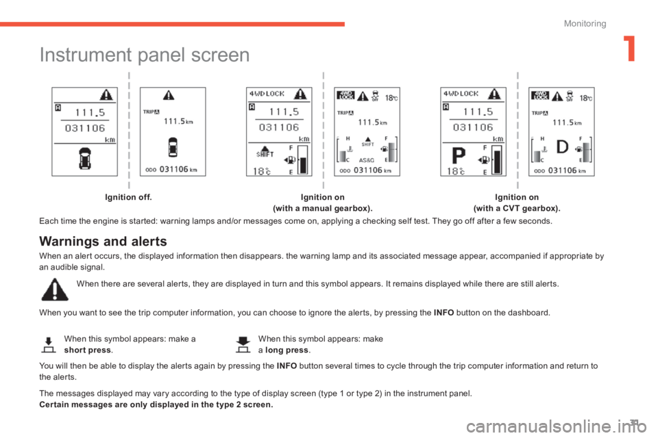 PEUGEOT 4008 2014 User Guide 1
31
Monitoring
   
 
 
 
 
 
 
 
Instrument panel screen 
 
 
Each time the engine is started: warning lamps and/or messages come on, applying a checking self test. They go off after a few seconds.  