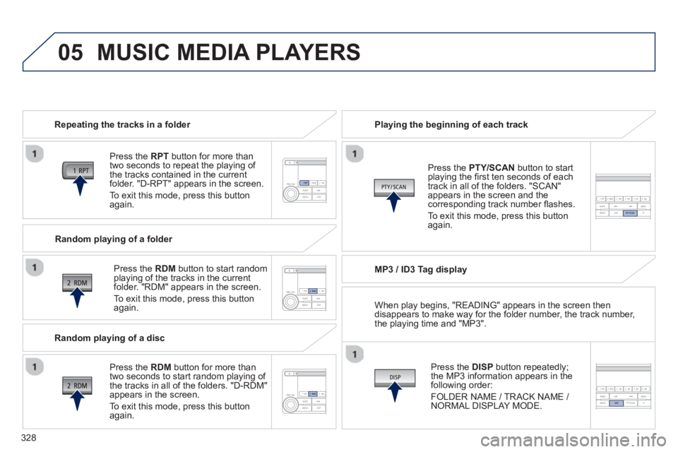 PEUGEOT 4008 2014  Owners Manual 328
05  MUSIC MEDIA PLAYERS 
 
 
Repeating the tracks in a folder  
   
Press the  RPT 
 button for more than 
two seconds to repeat the playing of 
the tracks contained in the current 
folder. "D-RPT