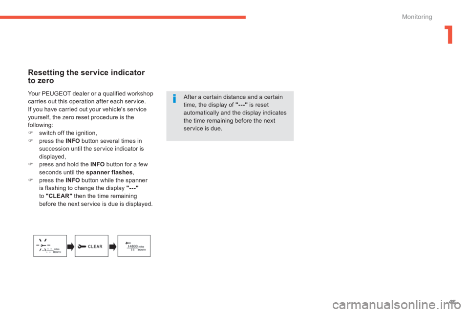PEUGEOT 4008 2014 Service Manual 1
45
Monitoring
Resetting the service indicator
to zero
After a certain distance and a certain
time, the display of "---
"
is reset
automatically and the display indicates
the time PEUGEOT 4008 2014 Service Manual 1
45
Monitoring
Resetting the service indicator
to zero
After a certain distance and a certain
time, the display of "---
"
is reset
automatically and the display indicates
the time