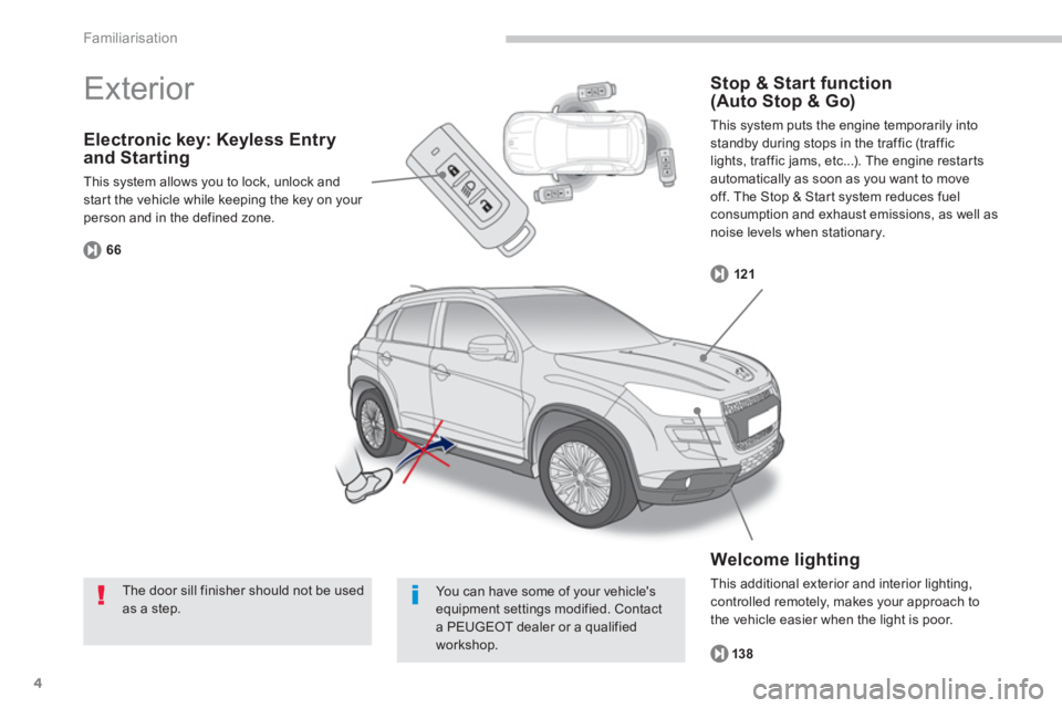 PEUGEOT 4008 2014  Owners Manual 4
Familiarisation
   
Electronic key: Keyless Entry 
and Starting 
  This system allows you to lock, unlock and 
start the vehicle while keeping the key on your 
person and in the defined zone.  
66
 