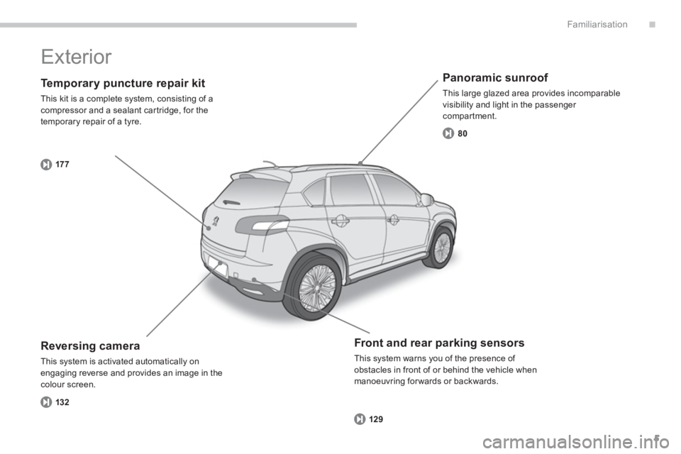 PEUGEOT 4008 2014  Owners Manual .
5
Familiarisation
   
Temporary puncture repair kit 
 
This kit is a complete system, consisting of a 
compressor and a sealant cartridge, for the 
temporary repair of a tyre.  
17 7
   
Panoramic s