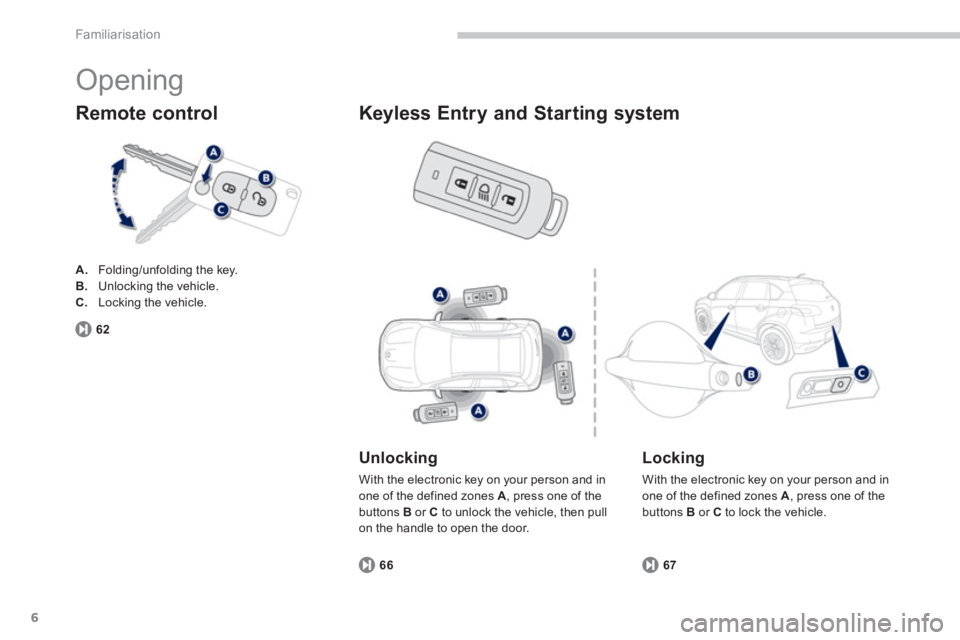 PEUGEOT 4008 2014  Owners Manual 6
Familiarisation
  Opening 
 
 
 
A. 
  Folding/unfolding the key. 
   
B. 
  Unlocking the vehicle. 
   
C. 
  Locking the vehicle.  
 
 
 
Remote control 
67
 
 
Unlocking 
 
With the electronic ke