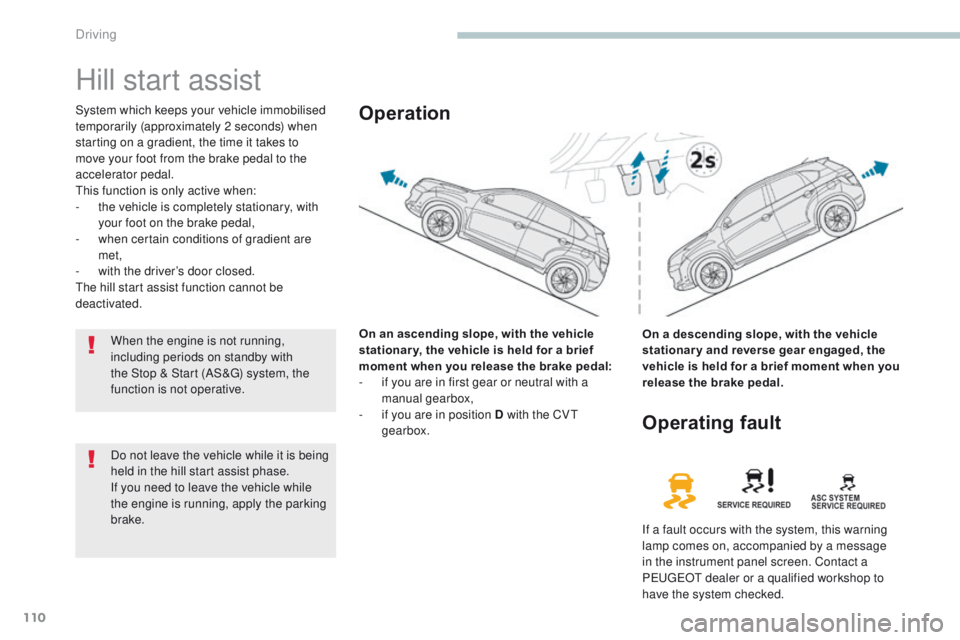 PEUGEOT 4008 2017 Owners Manual 110
4008_en_Chap04_conduite_ed01-2016
Hill start assist
System which keeps your vehicle immobilised
temporarily (approximately 2 seconds) when
starting on a gradient, the time it takes to
move your PEUGEOT 4008 2017 Owners Manual 110
4008_en_Chap04_conduite_ed01-2016
Hill start assist
System which keeps your vehicle immobilised
temporarily (approximately 2 seconds) when
starting on a gradient, the time it takes to
move your