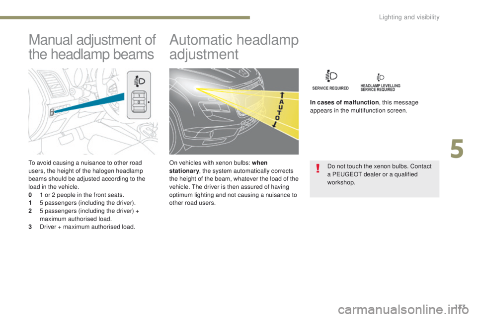 PEUGEOT 4008 2017 Owners Manual 133
4008_en_Chap05_Eclairage-et-visibilite_ed01-2016
to avoid causing a nuisance to other road
users, the height of the halogen headlamp
beams should be adjusted according to the
load in the vehicl PEUGEOT 4008 2017 Owners Manual 133
4008_en_Chap05_Eclairage-et-visibilite_ed01-2016
to avoid causing a nuisance to other road
users, the height of the halogen headlamp
beams should be adjusted according to the
load in the vehicl