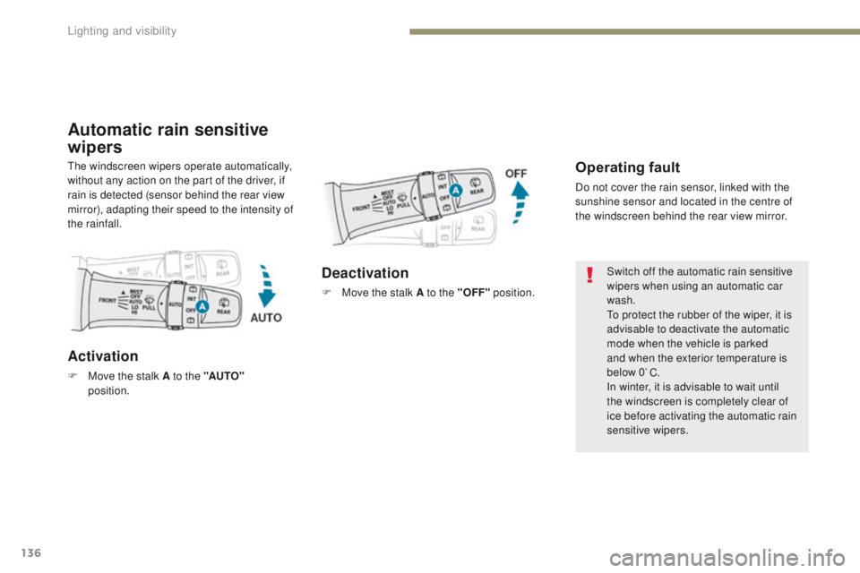 PEUGEOT 4008 2017 Owners Manual 136
4008_en_Chap05_Eclairage-et-visibilite_ed01-2016
Automatic rain sensitive
wipers
Operating fault
Do not cover the rain sensor, linked with the
sunshine sensor and located in the centre of
the w PEUGEOT 4008 2017 Owners Manual 136
4008_en_Chap05_Eclairage-et-visibilite_ed01-2016
Automatic rain sensitive
wipers
Operating fault
Do not cover the rain sensor, linked with the
sunshine sensor and located in the centre of
the w