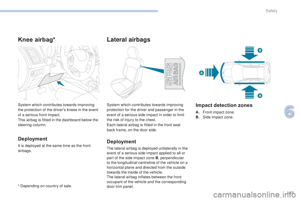 PEUGEOT 4008 2017 Owners Manual 153
4008_en_Chap06_securite_ed01-2016
Knee airbag*
Deployment
It is deployed at the same time as the front
airbags. System which contributes towards improving
the protection of the driver's knee PEUGEOT 4008 2017 Owners Manual 153
4008_en_Chap06_securite_ed01-2016
Knee airbag*
Deployment
It is deployed at the same time as the front
airbags. System which contributes towards improving
the protection of the driver's knee