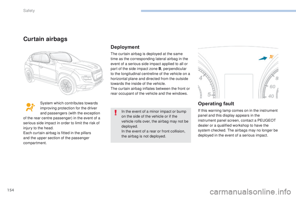 PEUGEOT 4008 2017 Owners Manual 154
4008_en_Chap06_securite_ed01-2016
In the event of a minor impact or bump
on the side of the vehicle or if the
vehicle rolls over, the airbag may not be
deployed.
In the event of a rear or front PEUGEOT 4008 2017 Owners Manual 154
4008_en_Chap06_securite_ed01-2016
In the event of a minor impact or bump
on the side of the vehicle or if the
vehicle rolls over, the airbag may not be
deployed.
In the event of a rear or front