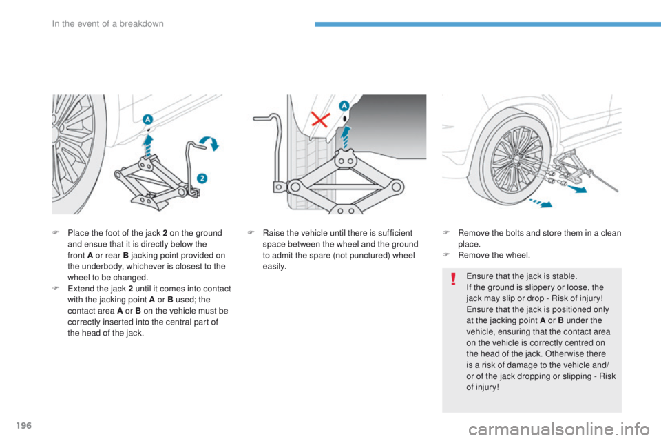 PEUGEOT 4008 2017  Owners Manual 196
4008_en_Chap08_en-cas-de panne_ed01-2016
F Place the foot of the jack 2 on the ground 
and ensue that it is directly below the 
front
  A or rear B jacking point provided on 
the underbody, whiche