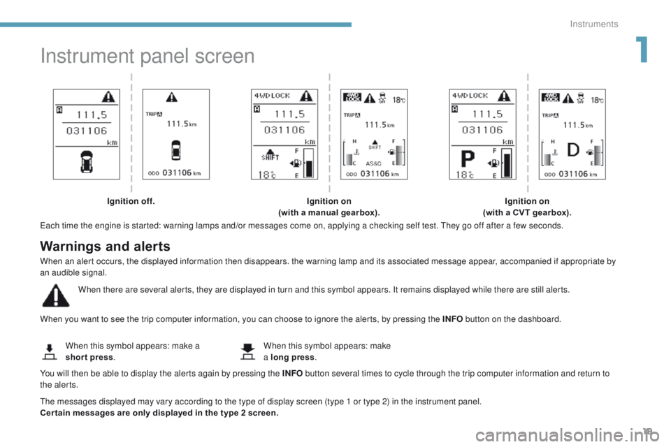 PEUGEOT 4008 2017  Owners Manual 19
4008_en_Chap01_Instruments-de-bord_ed01-2016
Instrument panel screen
each time the engine is started: warning lamps and/or messages come on, applying a checking self test. th ey go off after a few 