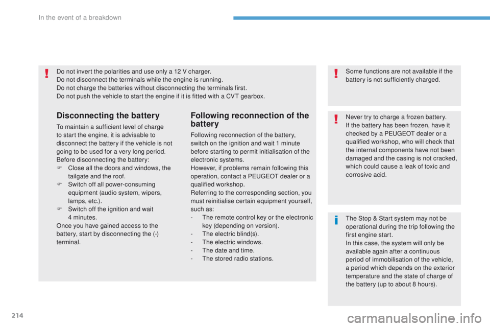 PEUGEOT 4008 2017 Owners Manual 214
4008_en_Chap08_en-cas-de panne_ed01-2016
Do not invert the polarities and use only a 12 V charger.
Do not disconnect the terminals while the engine is running.
Do not charge the batteries without PEUGEOT 4008 2017 Owners Manual 214
4008_en_Chap08_en-cas-de panne_ed01-2016
Do not invert the polarities and use only a 12 V charger.
Do not disconnect the terminals while the engine is running.
Do not charge the batteries without