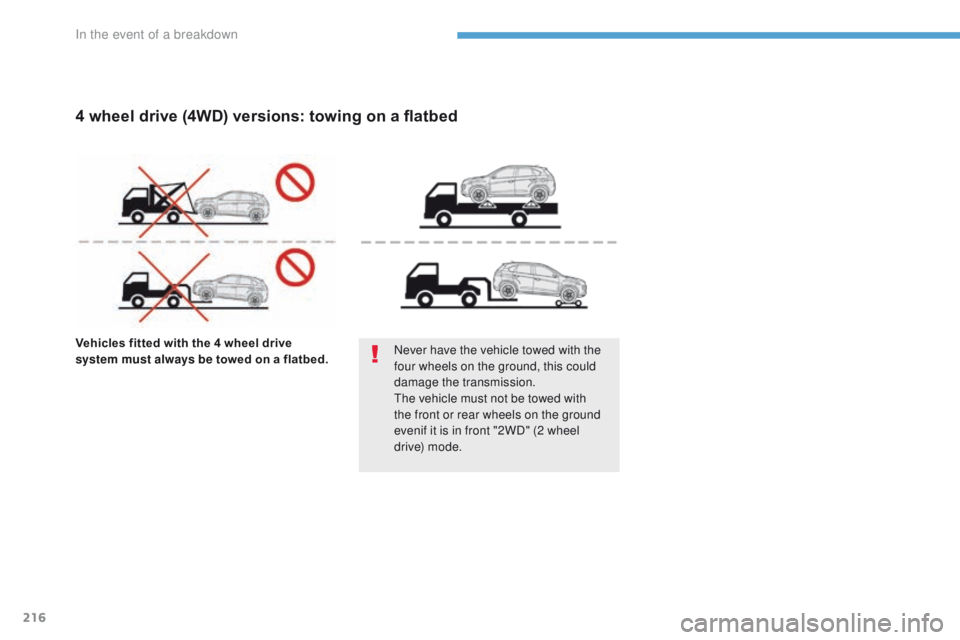 PEUGEOT 4008 2017 Owners Manual 216
4008_en_Chap08_en-cas-de panne_ed01-2016
Vehicles fitted with the 4 wheel drive
system must always be towed on a flatbed.Never have the vehicle towed with the
four wheels on the ground, this co PEUGEOT 4008 2017 Owners Manual 216
4008_en_Chap08_en-cas-de panne_ed01-2016
Vehicles fitted with the 4 wheel drive
system must always be towed on a flatbed.Never have the vehicle towed with the
four wheels on the ground, this co