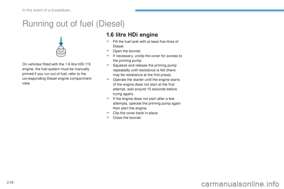 PEUGEOT 4008 2017 Owners Manual 218
4008_en_Chap08_en-cas-de panne_ed01-2016
Running out of fuel (Diesel)
On vehicles fitted with the 1.6 litre HDi 115
engine, the fuel system must be manually
primed if you run out of fuel; refer PEUGEOT 4008 2017 Owners Manual 218
4008_en_Chap08_en-cas-de panne_ed01-2016
Running out of fuel (Diesel)
On vehicles fitted with the 1.6 litre HDi 115
engine, the fuel system must be manually
primed if you run out of fuel; refer