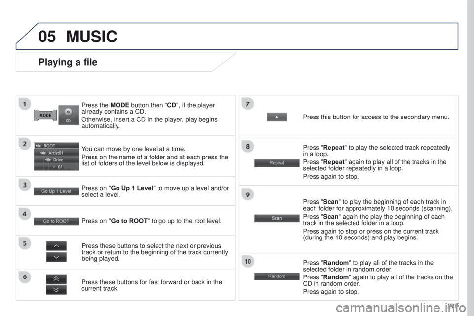 PEUGEOT 4008 2017 Owners Manual 05
277
4008_EN_CHAP10B_MITSU6_ED01-2016
Press the MODE button then "CD", if the player
already contains a CD.
Otherwise, insert a CD in the player, play begins
automatically.
Playing a file
PEUGEOT 4008 2017 Owners Manual 05
277
4008_EN_CHAP10B_MITSU6_ED01-2016
Press the MODE button then "CD", if the player
already contains a CD.
Otherwise, insert a CD in the player, play begins
automatically.
Playing a file