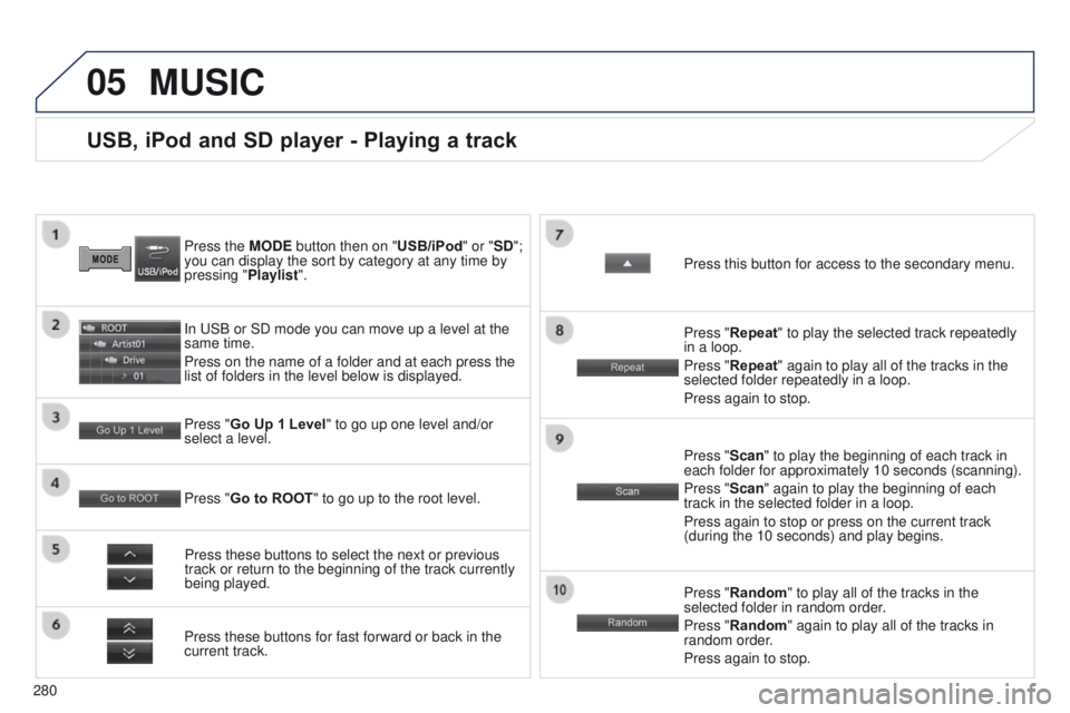 PEUGEOT 4008 2017 Owners Manual 05
280
4008_EN_CHAP10B_MITSU6_ED01-2016
USB, iPod and SD player - Playing a track
Press the MODE button then on "USB/iPod" or "SD";
you can display the sort by category at any time by PEUGEOT 4008 2017 Owners Manual 05
280
4008_EN_CHAP10B_MITSU6_ED01-2016
USB, iPod and SD player - Playing a track
Press the MODE button then on "USB/iPod" or "SD";
you can display the sort by category at any time by