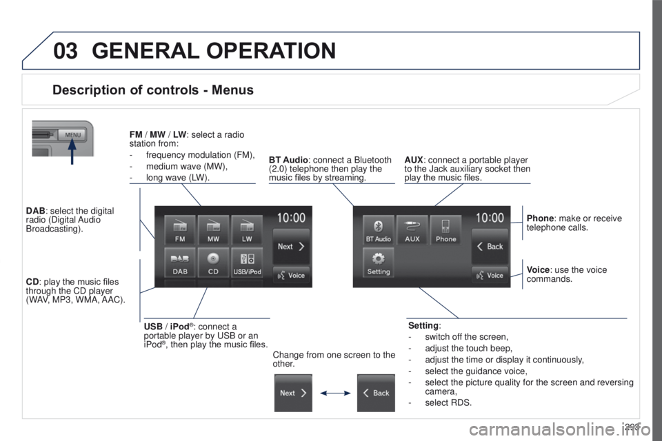 PEUGEOT 4008 2017  Owners Manual 03
293
4008_en_Chap10c_Mitsu5_ed01-2016
GENERAL OPERATION
Description of controls - Menus
Setting:
-
 
switch of
 f the screen,
-
 
adjust the touch beep,
-

 
adjust the time or display it continuous