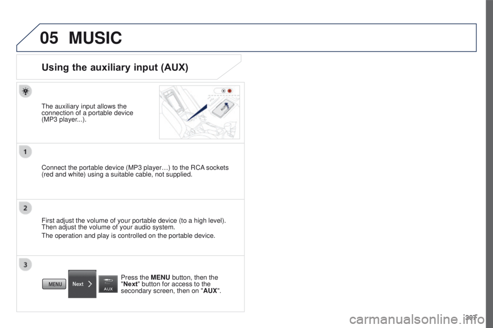 PEUGEOT 4008 2017  Owners Manual 05
307
4008_en_Chap10c_Mitsu5_ed01-2016
MUSIC
Using the auxiliary input (AUX)
the auxiliary input allows the 
connection of a portable device  
(MP3 player
...).
Connect the portable device (MP3 playe