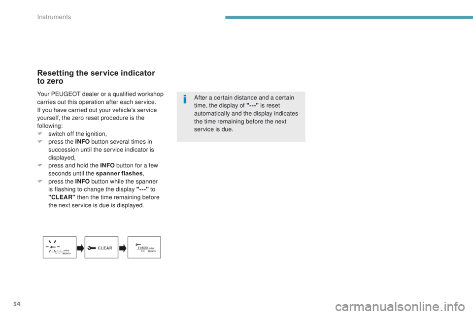 PEUGEOT 4008 2017 Owners Guide 34
Resetting the service indicator
to zero
After a certain distance and a certain
time, the display of "---" is reset
automatically and the display indicates
the time remaining before the PEUGEOT 4008 2017 Owners Guide 34
Resetting the service indicator
to zero
After a certain distance and a certain
time, the display of "---" is reset
automatically and the display indicates
the time remaining before the