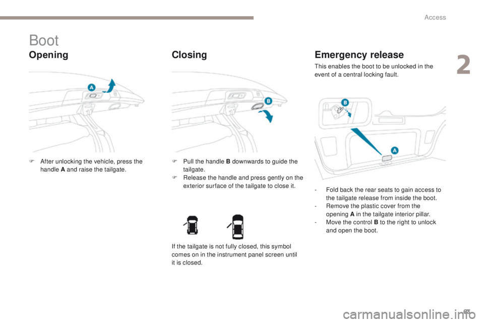 PEUGEOT 4008 2017 Repair Manual 63
4008_en_Chap02_ouvertures_ed01-2016
Boot
Opening
F After unlocking the vehicle, press the handle A and raise the tailgate. F
P ull the handle B downwards to guide the
tailgate.
F
R
elease the PEUGEOT 4008 2017 Repair Manual 63
4008_en_Chap02_ouvertures_ed01-2016
Boot
Opening
F After unlocking the vehicle, press the handle A and raise the tailgate. F
P ull the handle B downwards to guide the
tailgate.
F
R
elease the