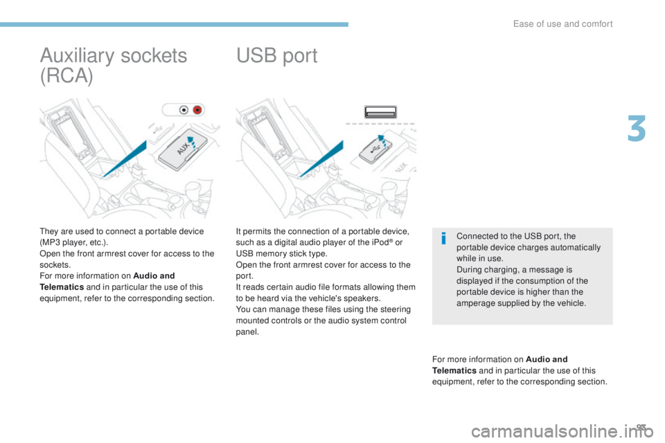 PEUGEOT 4008 2017 Owners Manual 93
4008_en_Chap03_Ergonomie-et-confort_ed01-2016
It permits the connection of a portable device,
such as a digital audio player of the iPod® or uS
B memory stick type.
Open the front armrest cover f PEUGEOT 4008 2017 Owners Manual 93
4008_en_Chap03_Ergonomie-et-confort_ed01-2016
It permits the connection of a portable device,
such as a digital audio player of the iPod® or uS
B memory stick type.
Open the front armrest cover f