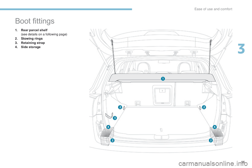 PEUGEOT 4008 2017 Owners Manual 95
4008_en_Chap03_Ergonomie-et-confort_ed01-2016
Boot fittings
1. Rear parcel shelf (see details on a following page)
2.
S
towing rings
3.
R
etaining strap
4.
S
ide storage
3
ease of use and PEUGEOT 4008 2017 Owners Manual 95
4008_en_Chap03_Ergonomie-et-confort_ed01-2016
Boot fittings
1. Rear parcel shelf (see details on a following page)
2.
S
towing rings
3.
R
etaining strap
4.
S
ide storage
3
ease of use and