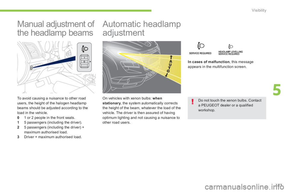 PEUGEOT 4008 2012  Owners Manual 137
5
Visibility
   
To avoid causing a nuisance to other road 
users, the height of the halogen headlamp 
beams should be adjusted according to the load in the vehicle.0    1 or 2 people in the front