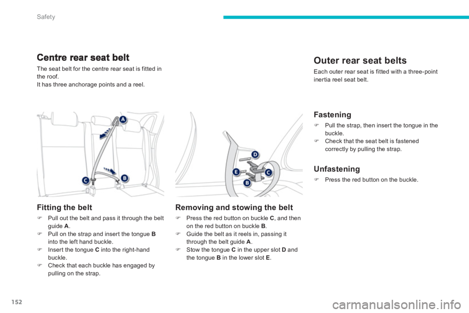 PEUGEOT 4008 2012  Owners Manual 152
Safety
The seat belt for the centre rear seat is fitted in 
the roof. 
It has three anchora
ge points and a reel.
Fitting the belt 
�)Pull out the belt and pass it through the beltguide A . �)Pull