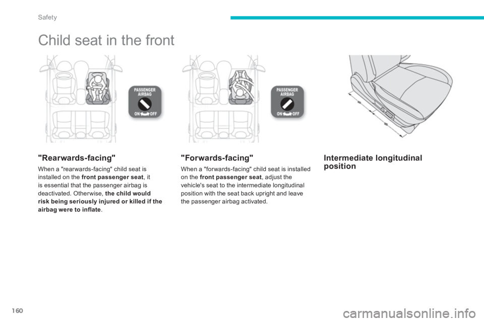 PEUGEOT 4008 2012 Owners Manual 160
Safety
Child seat in the front
"Rearwards-facing"
When a "rear wards-facing" child seat is installed on the front passenger seat, itis essential that the passenger airbag is
deactivated. Oth PEUGEOT 4008 2012 Owners Manual 160
Safety
Child seat in the front
"Rearwards-facing"
When a "rear wards-facing" child seat is installed on the front passenger seat, itis essential that the passenger airbag is
deactivated. Oth