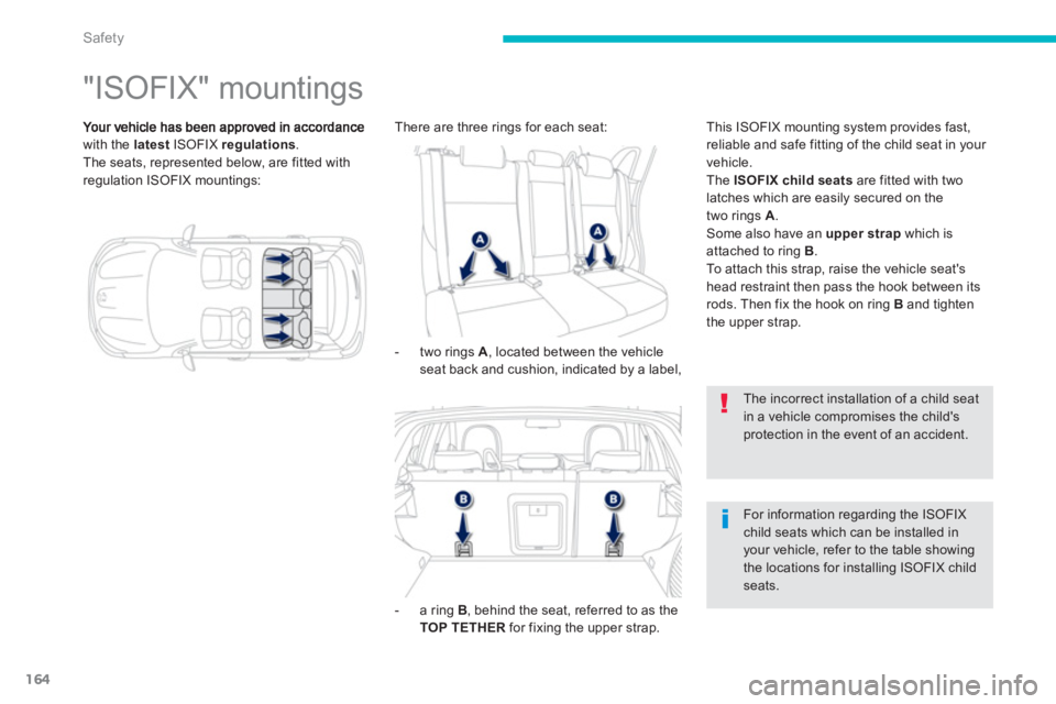 PEUGEOT 4008 2012 Owners Manual 164
Safety
"ISOFIX" mountings
with the latest
ISOFIX regulations.The seats, represented below, are fitted with
regulation ISOFIX mountings:
- two rings
A, loca PEUGEOT 4008 2012 Owners Manual 164
Safety
"ISOFIX" mountings
with the latest
ISOFIX regulations.The seats, represented below, are fitted with
regulation ISOFIX mountings:
- two rings
A, loca