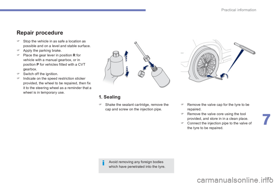 PEUGEOT 4008 2012  Owners Manual 171
7
Practical information
1. Sealing 
   
Repair procedure 
 
 
Avoid removing any foreign bodies which have penetrated into the tyre.  
�)Stop the vehicle in as safe a location as 
possible and on 