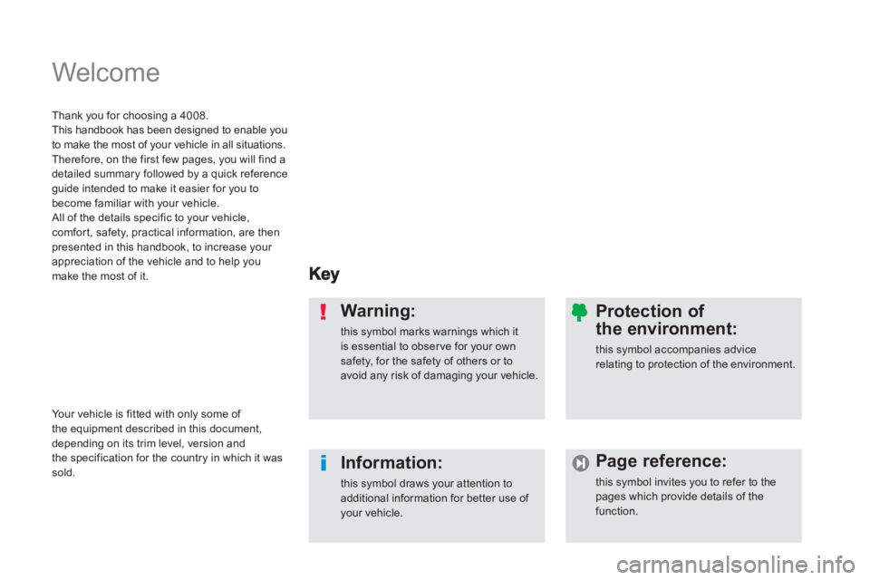 PEUGEOT 4008 2012  Owners Manual   Welcome  
Warning:
this symbol marks warnings which it is essential to observe for your own safety, for the safety of others or toavoid any risk of damaging your vehicle.  
Information:
this symbol 