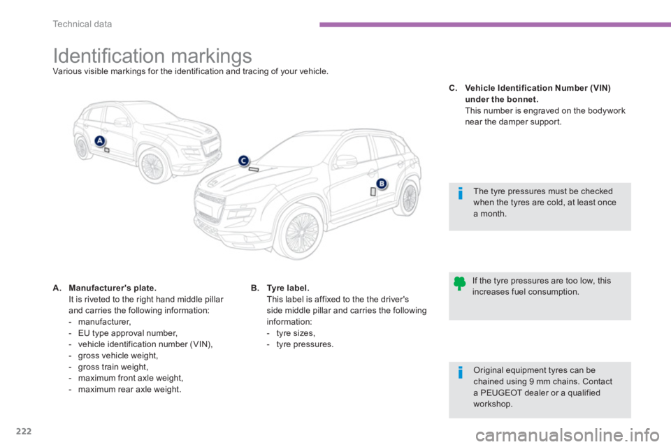 PEUGEOT 4008 2012 Owners Manual 222
Technical data
Identifi cation markings Various visible markings for the identification and tracing of your vehicle.
A.Manufacturers plate.It is riveted PEUGEOT 4008 2012 Owners Manual 222
Technical data
Identifi cation markings Various visible markings for the identification and tracing of your vehicle.
A.Manufacturers plate.It is riveted
