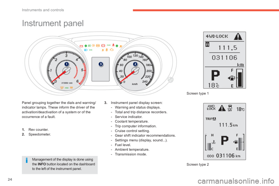 PEUGEOT 4008 2012 Owners Manual 24
Instruments and controls
Instrument panel
1.
Rev counter. 2.
Speedometer.
Screen t
ype 2
3.
Instrument panel display screen:
- Warning and st PEUGEOT 4008 2012 Owners Manual 24
Instruments and controls
Instrument panel
1.
Rev counter. 2.
Speedometer.
Screen t
ype 2
3.
Instrument panel display screen:
- Warning and st