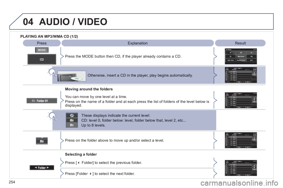 PEUGEOT 4008 2012 Owners Manual 254
04AUDIO / VIDEO
PLAYING AN MP3/WMA CD (1/2)
Press
Explanation
Result
Press the M
ODE button then CD, if the player already contains a CD.
Movin
g around the folders
Selecti PEUGEOT 4008 2012 Owners Manual 254
04AUDIO / VIDEO
PLAYING AN MP3/WMA CD (1/2)
Press
Explanation
Result
Press the M
ODE button then CD, if the player already contains a CD.
Movin
g around the folders
Selecti